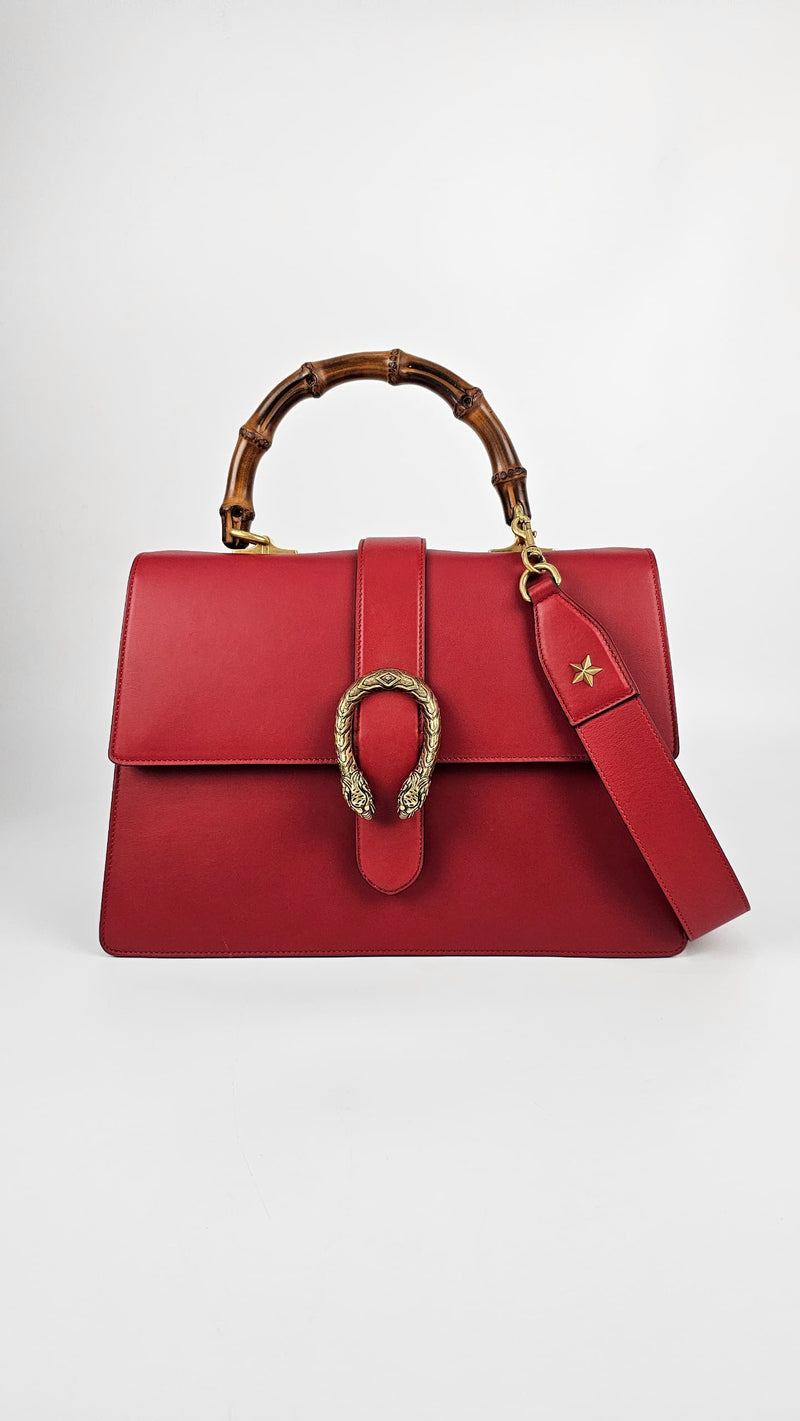 Moon Calfskin Web Large Dionysus Bamboo Top Handle Bag Hibiscus Red