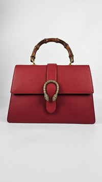 Moon Calfskin Web Large Dionysus Bamboo Top Handle Bag Hibiscus Red