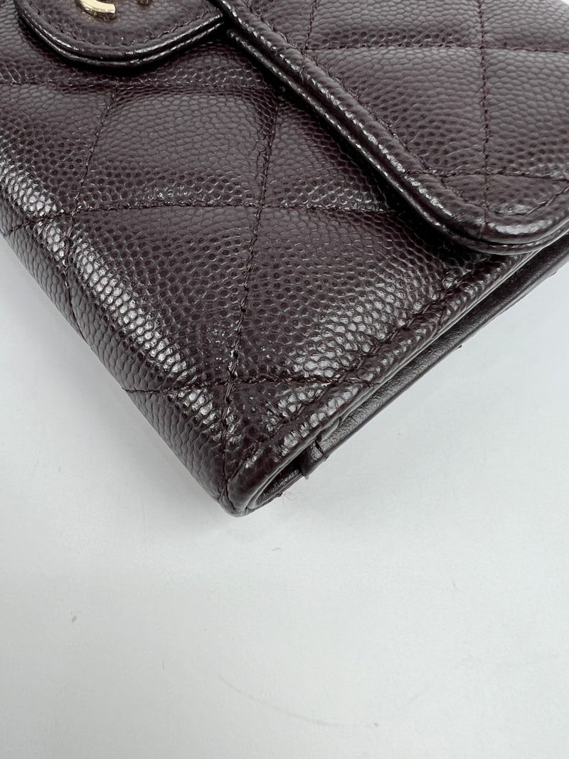 AP0232 Dark Brown Classic Quilted Caviar Medium Flap Wallet LGHW