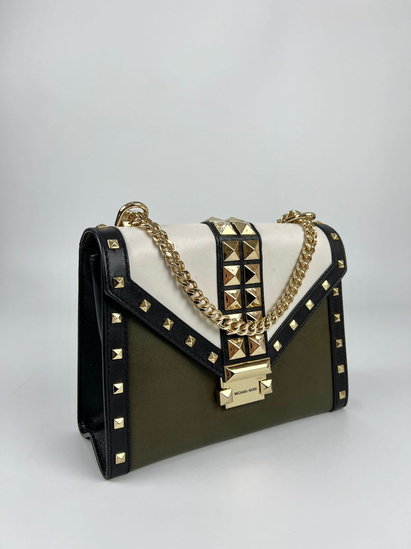 Whitney Studded Colourblock Shoulder Bag White/Olive Green/Black