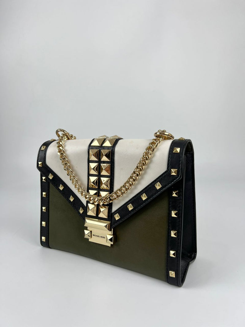 Whitney Studded Colourblock Shoulder Bag White/Olive Green/Black