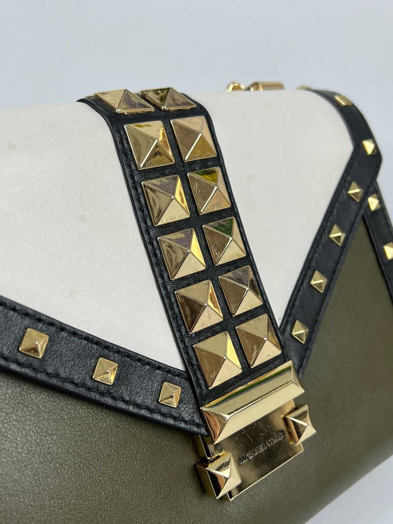 Whitney Studded Colourblock Shoulder Bag White/Olive Green/Black