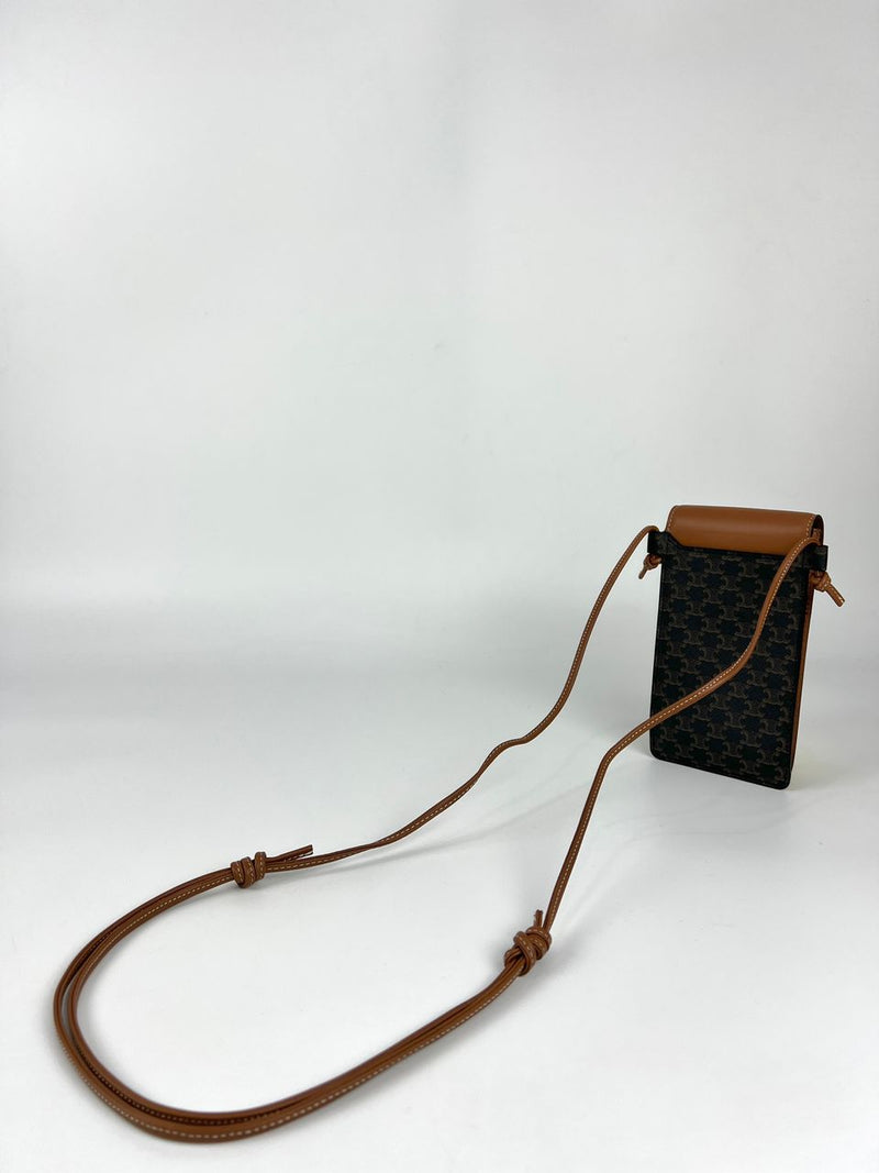 Tan Phone Pouch With Flap in Triomphe Canvas &amp; Lambskin