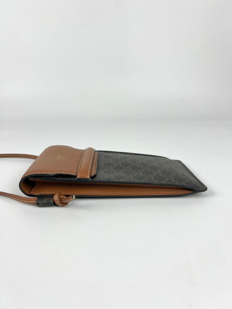 Tan Phone Pouch With Flap in Triomphe Canvas &amp; Lambskin