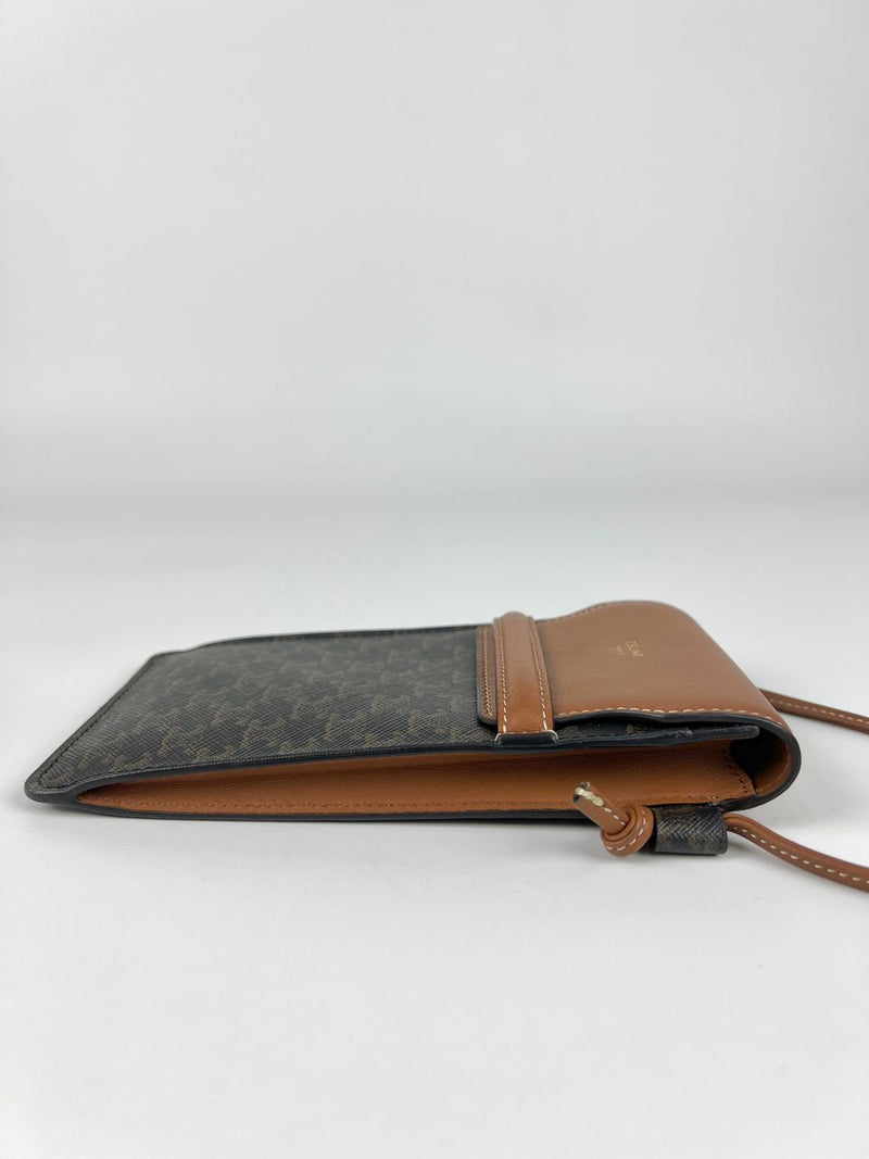 Tan Phone Pouch With Flap in Triomphe Canvas &amp; Lambskin