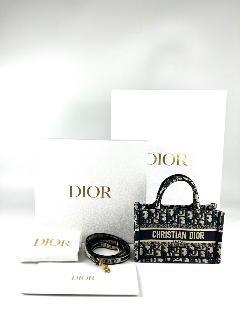 Mini Book Tote in Blue Dior Oblique Embroidery