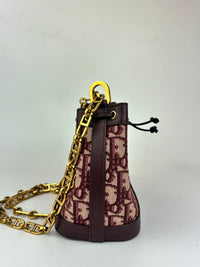 Burgundy Oblique Canvas and Leather Drawstring Chain Bucket Bag