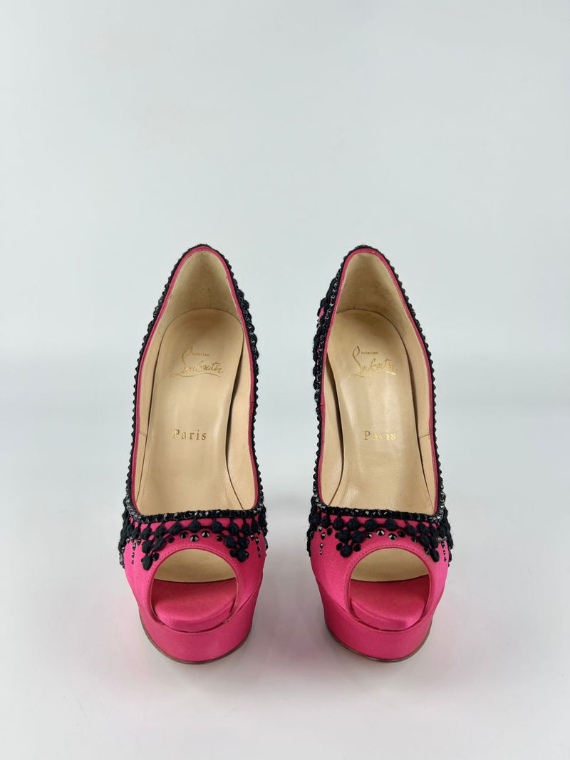 Pink/Black Satin Torero Peep Toe Platform Pumps Size 38