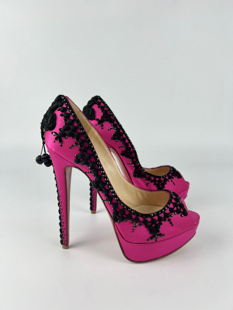 Pink/Black Satin Torero Peep Toe Platform Pumps Size 38