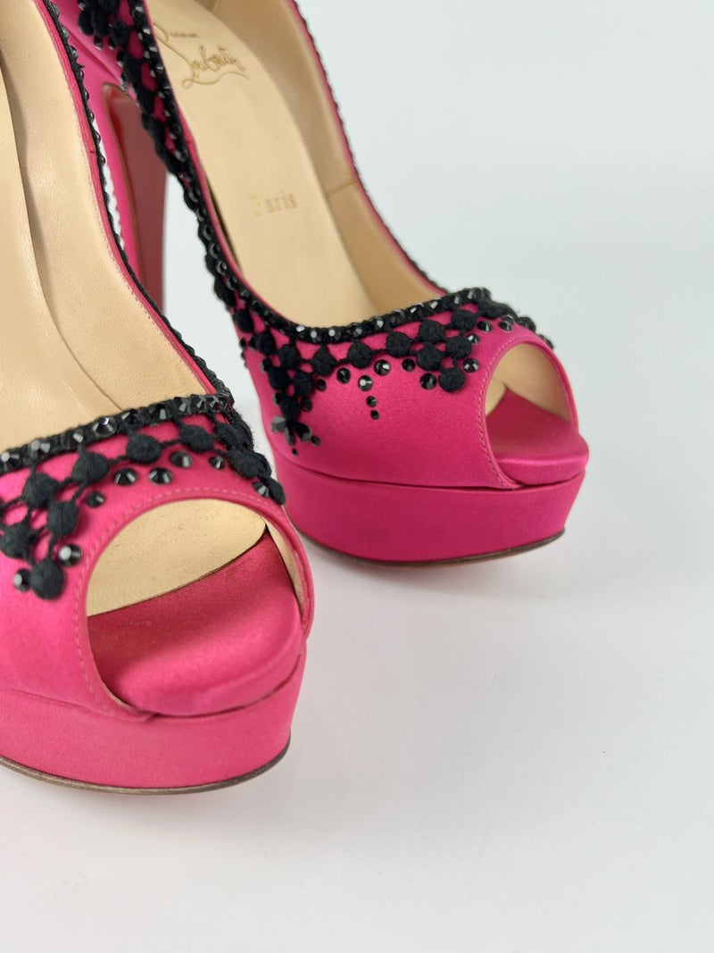 Pink/Black Satin Torero Peep Toe Platform Pumps Size 38