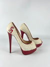 White/Red Towel And Patent Leather Lady Peep Toe Pumps Size 38