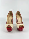 White/Red Towel And Patent Leather Lady Peep Toe Pumps Size 38