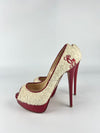 White/Red Towel And Patent Leather Lady Peep Toe Pumps Size 38