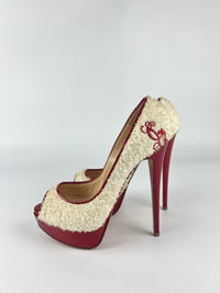 White/Red Towel And Patent Leather Lady Peep Toe Pumps Size 38