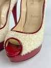 White/Red Towel And Patent Leather Lady Peep Toe Pumps Size 38