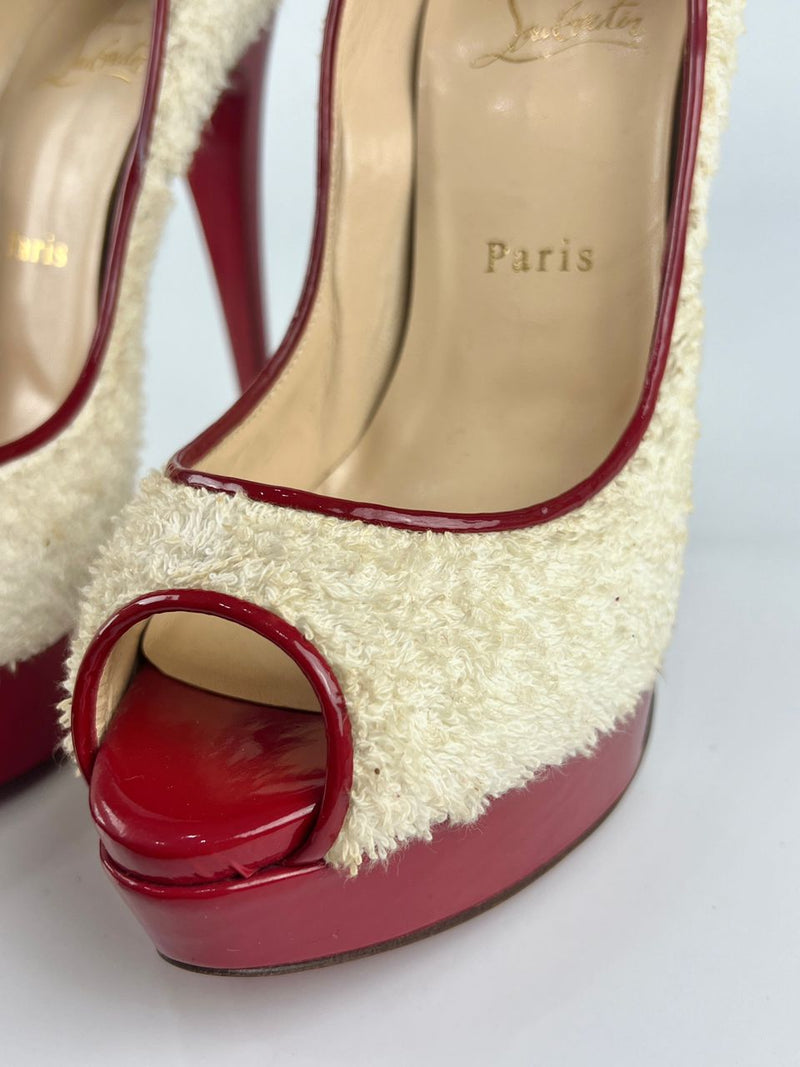 White/Red Towel And Patent Leather Lady Peep Toe Pumps Size 38