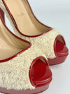 White/Red Towel And Patent Leather Lady Peep Toe Pumps Size 38