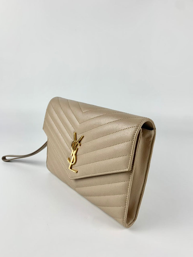 Grain De Poudre Matelassé Chevron Monogram Envelope Clutch Dark Beige