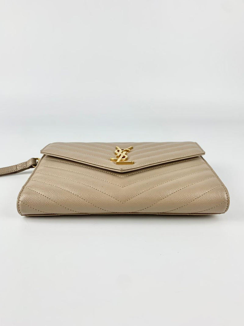 Grain De Poudre Matelassé Chevron Monogram Envelope Clutch Dark Beige