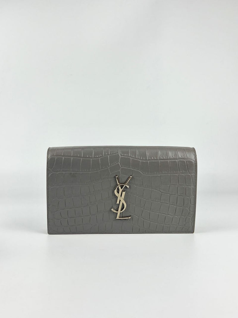 400409 Grey Croc Embossed Leather Kate Clutch Bag