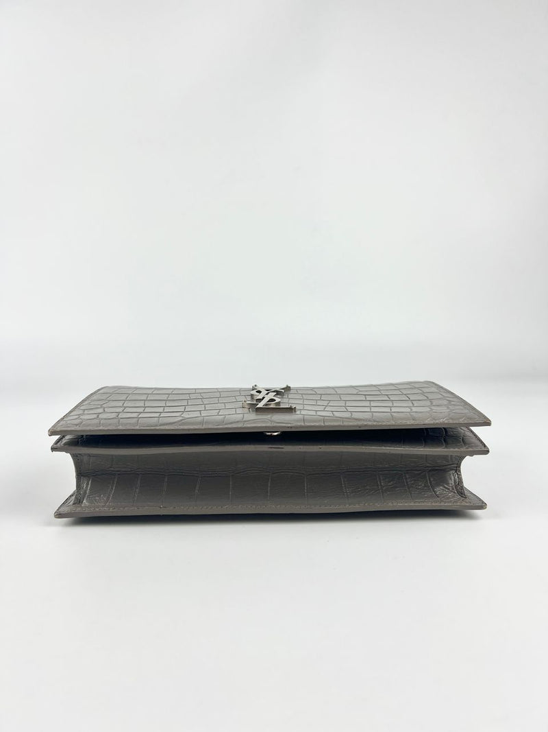 400409 Grey Croc Embossed Leather Kate Clutch Bag