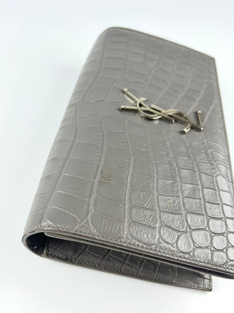 400409 Grey Croc Embossed Leather Kate Clutch Bag