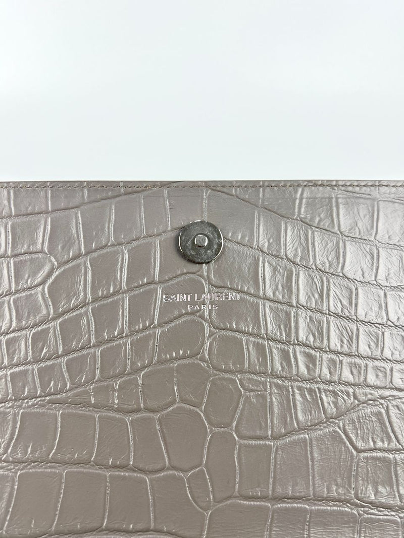 400409 Grey Croc Embossed Leather Kate Clutch Bag