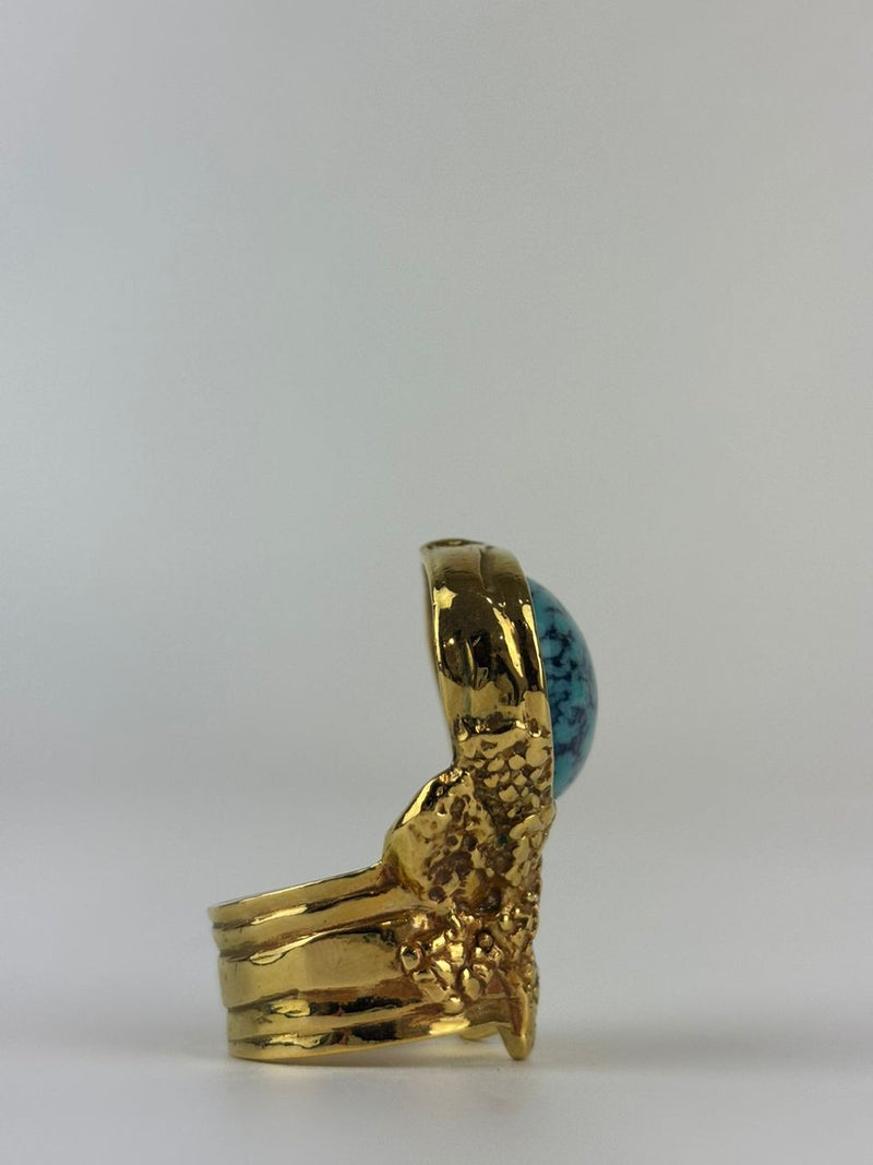 Arty Turquoise Glass Cabochon Gold Tone Ring