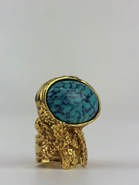 Arty Turquoise Glass Cabochon Gold Tone Ring