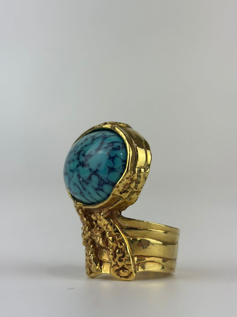 Arty Turquoise Glass Cabochon Gold Tone Ring