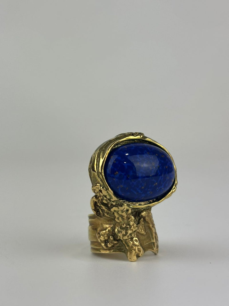 Arty Blue Faux Stone Glass Cabochon Gold Tone Ring