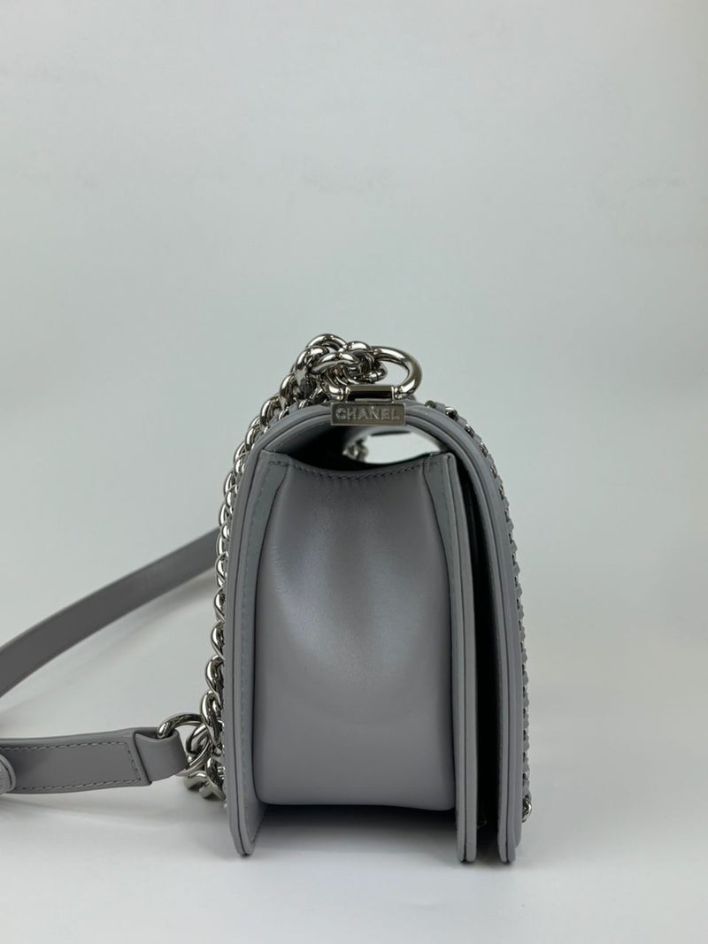 Grey Iridescent Lambskin Quilted Medium Chain Around Boy Flap SHW (Cash Price in Description)