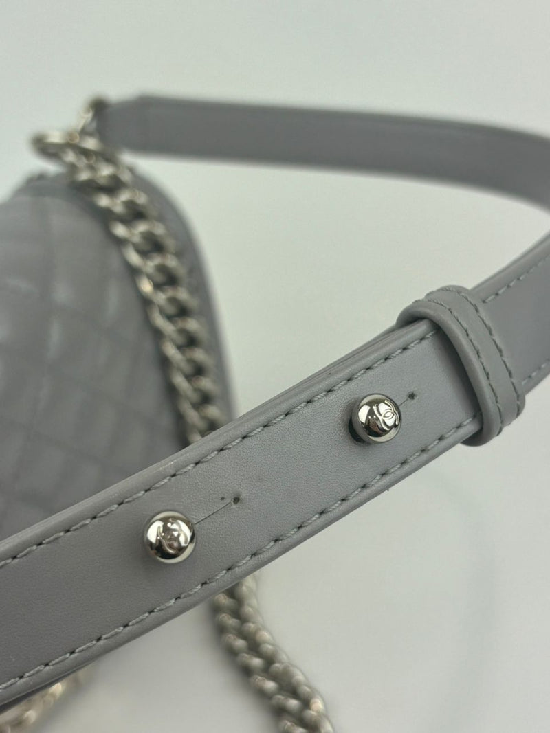 Grey Iridescent Lambskin Quilted Medium Chain Around Boy Flap SHW (Cash Price in Description)