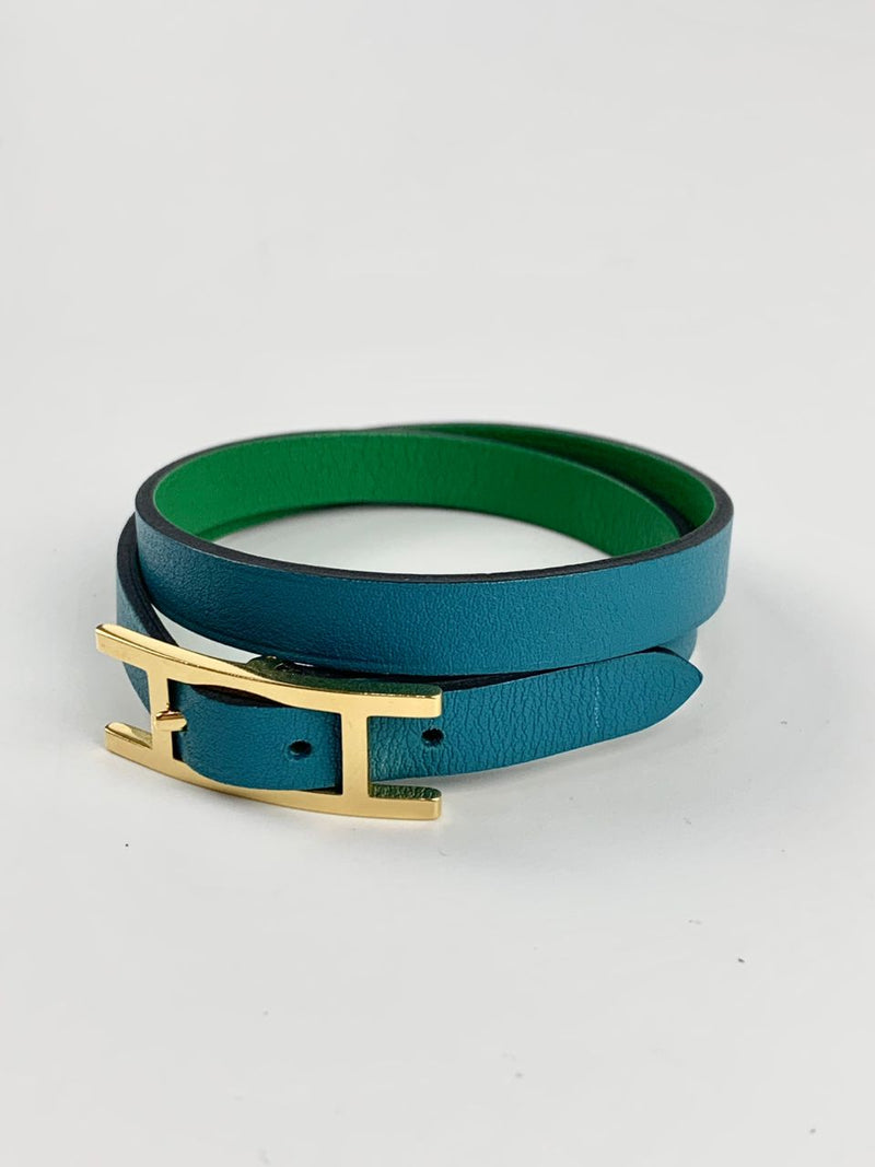 Turquoise Vert Verone/Bambou Behapi Double Tour Reversible Swift Leather Bracelet&nbsp;