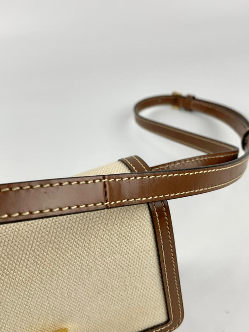 Two Tone Mini TB Canvas &amp; Leather Crossbody in Beige / Brown