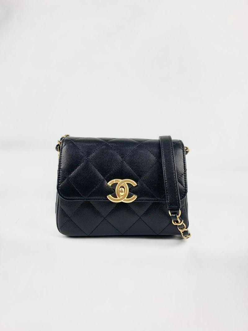 Black Mini Flap Bag in Black Grained Shiny Calfskin &amp; Gold-Tone Metal (Cash Price in Description)