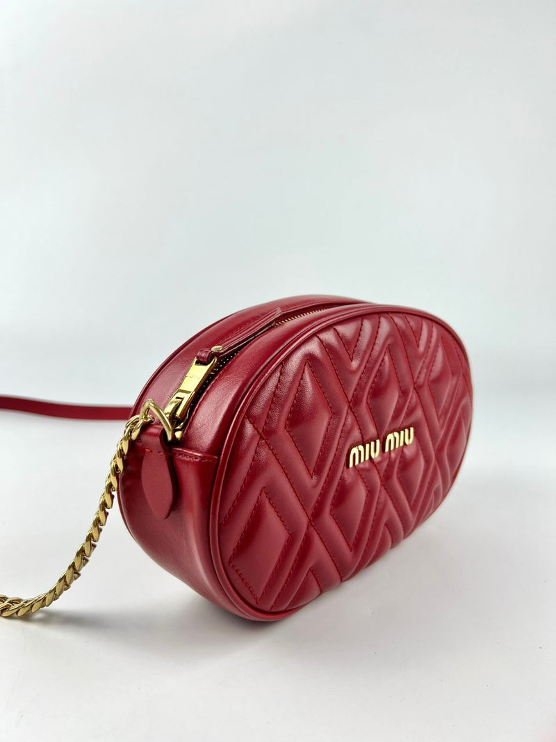 Red Quilted Leather Oval Crossbody Bag