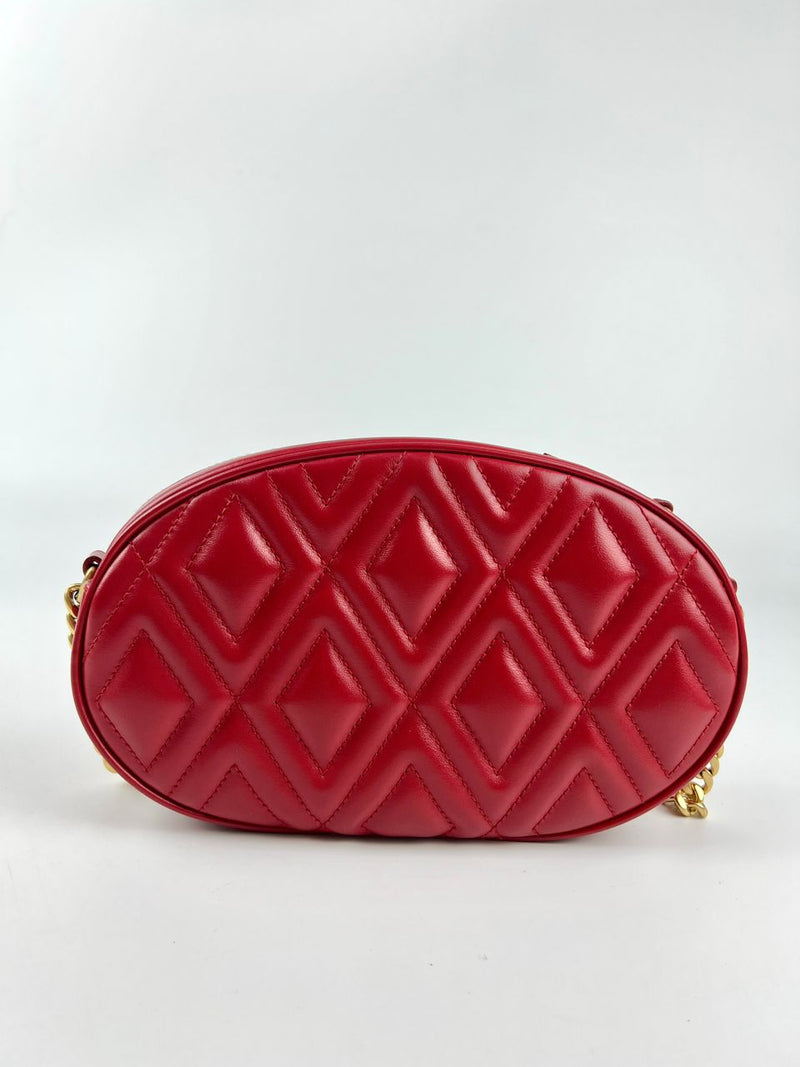 Red Quilted Leather Oval Crossbody Bag