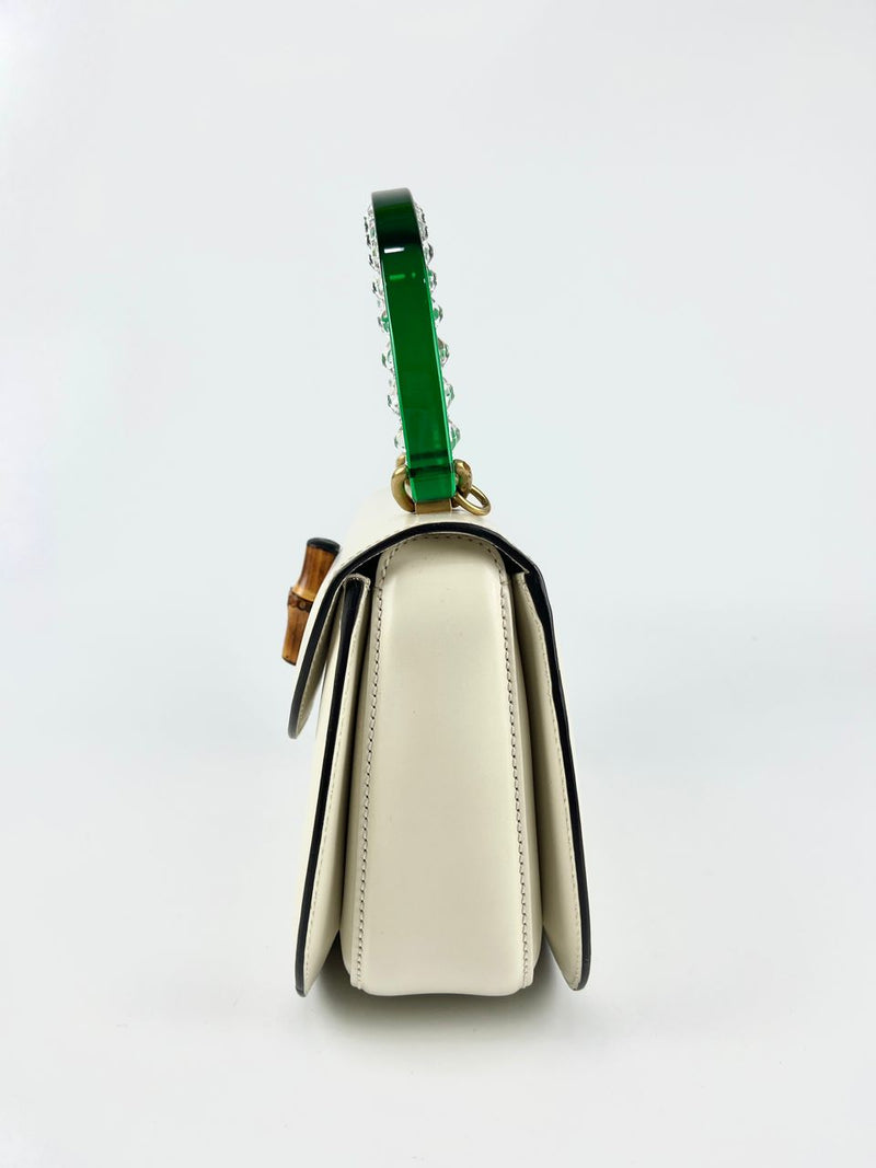 White / Green Calfskin Plexiglass Medium Classic 2 Top Handle Bag