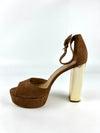 Camel Brown Suede Porter Ankle Strap Gold Block Heels Size 10M