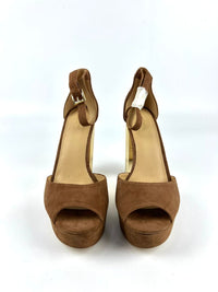 Camel Brown Suede Porter Ankle Strap Gold Block Heels Size 10M