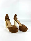 Camel Brown Suede Porter Ankle Strap Gold Block Heels Size 10M