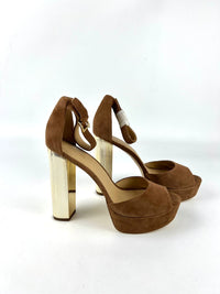 Camel Brown Suede Porter Ankle Strap Gold Block Heels Size 10M