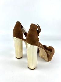 Camel Brown Suede Porter Ankle Strap Gold Block Heels Size 10M