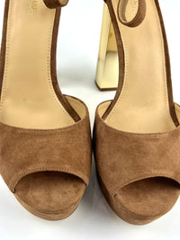 Camel Brown Suede Porter Ankle Strap Gold Block Heels Size 10M