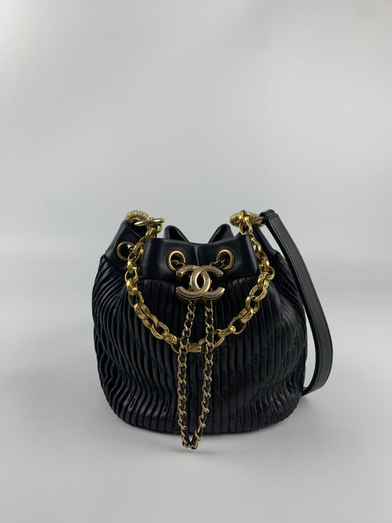 Small Coco Pleated Drawstring Bucket Bag Black GHW