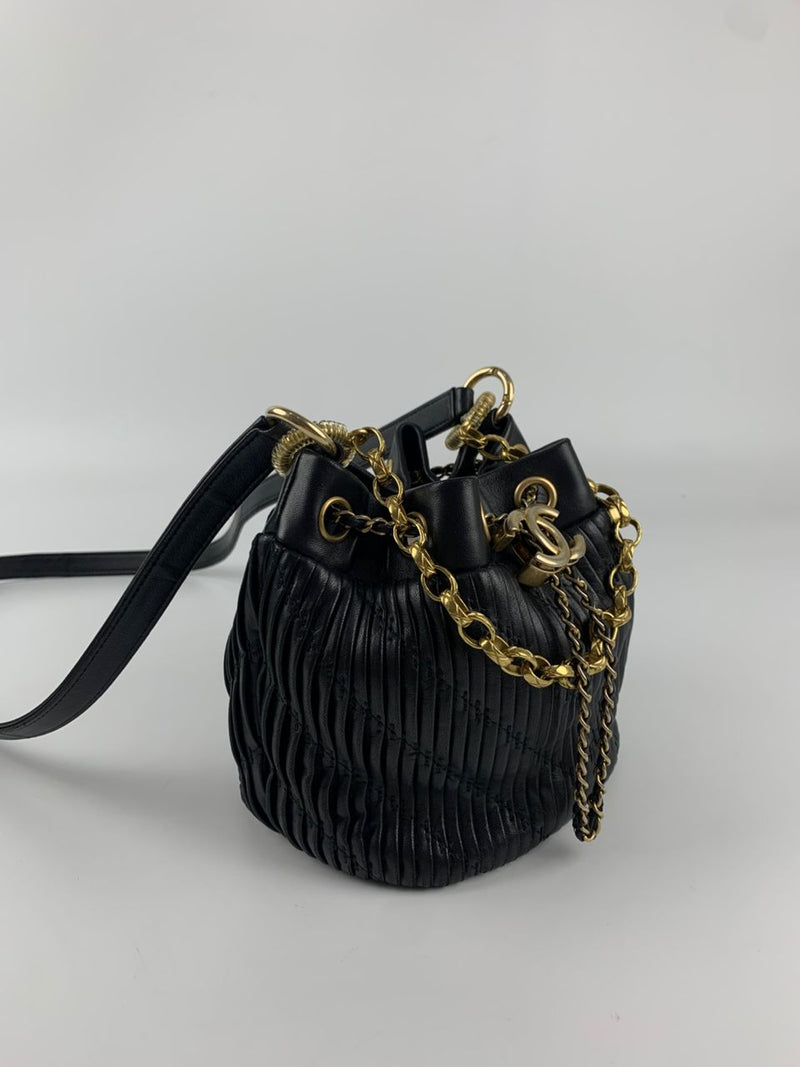 Small Coco Pleated Drawstring Bucket Bag Black GHW