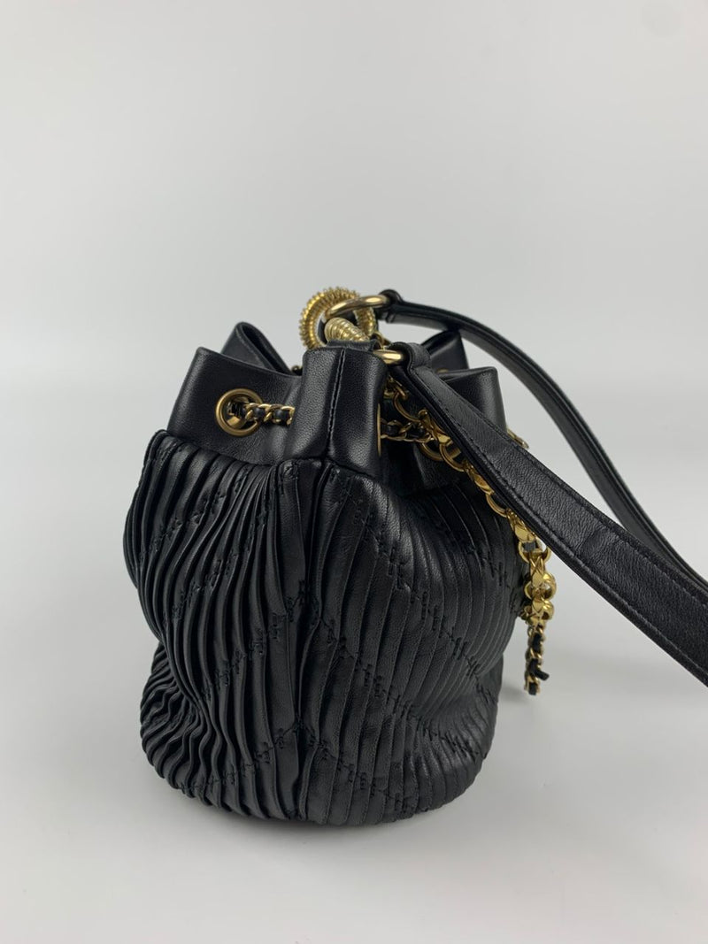 Small Coco Pleated Drawstring Bucket Bag Black GHW