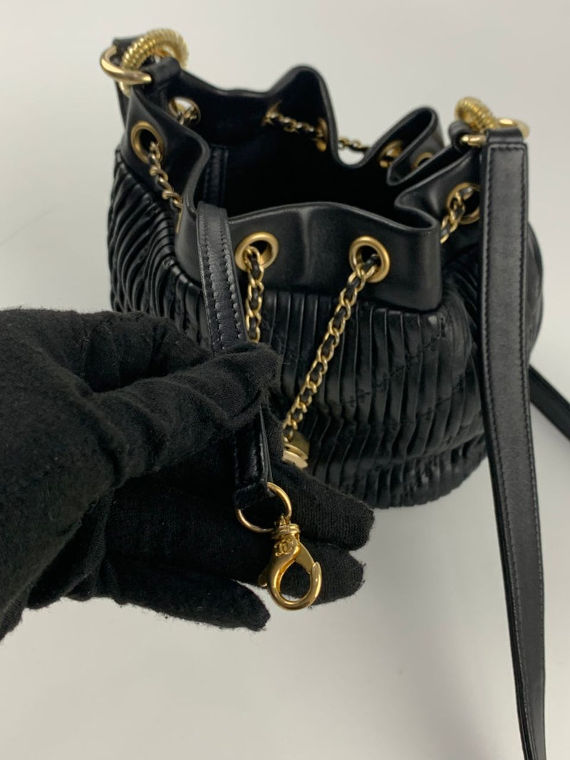 Small Coco Pleated Drawstring Bucket Bag Black GHW