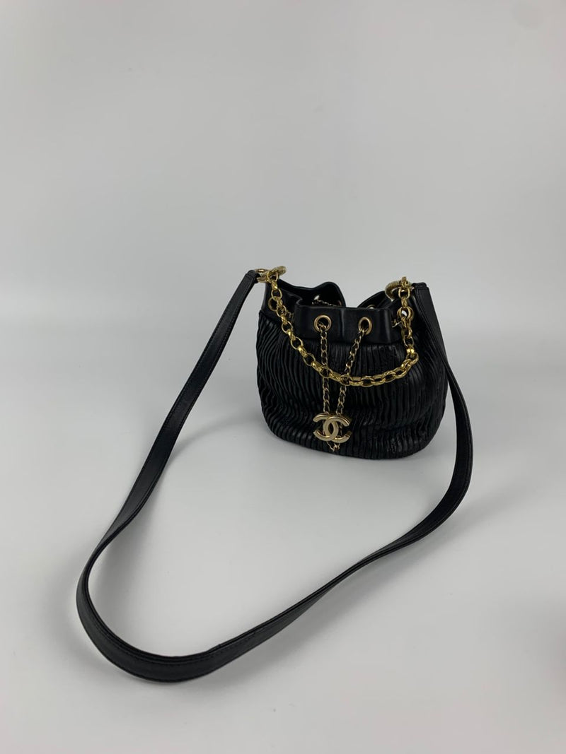 Small Coco Pleated Drawstring Bucket Bag Black GHW